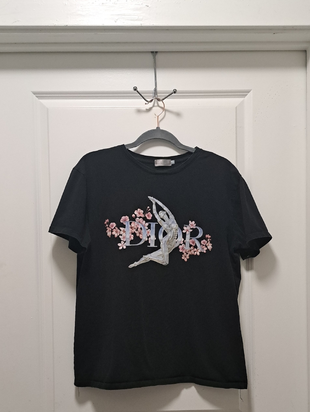 Dior Black Tee with Pink Floral and Silver Dancer